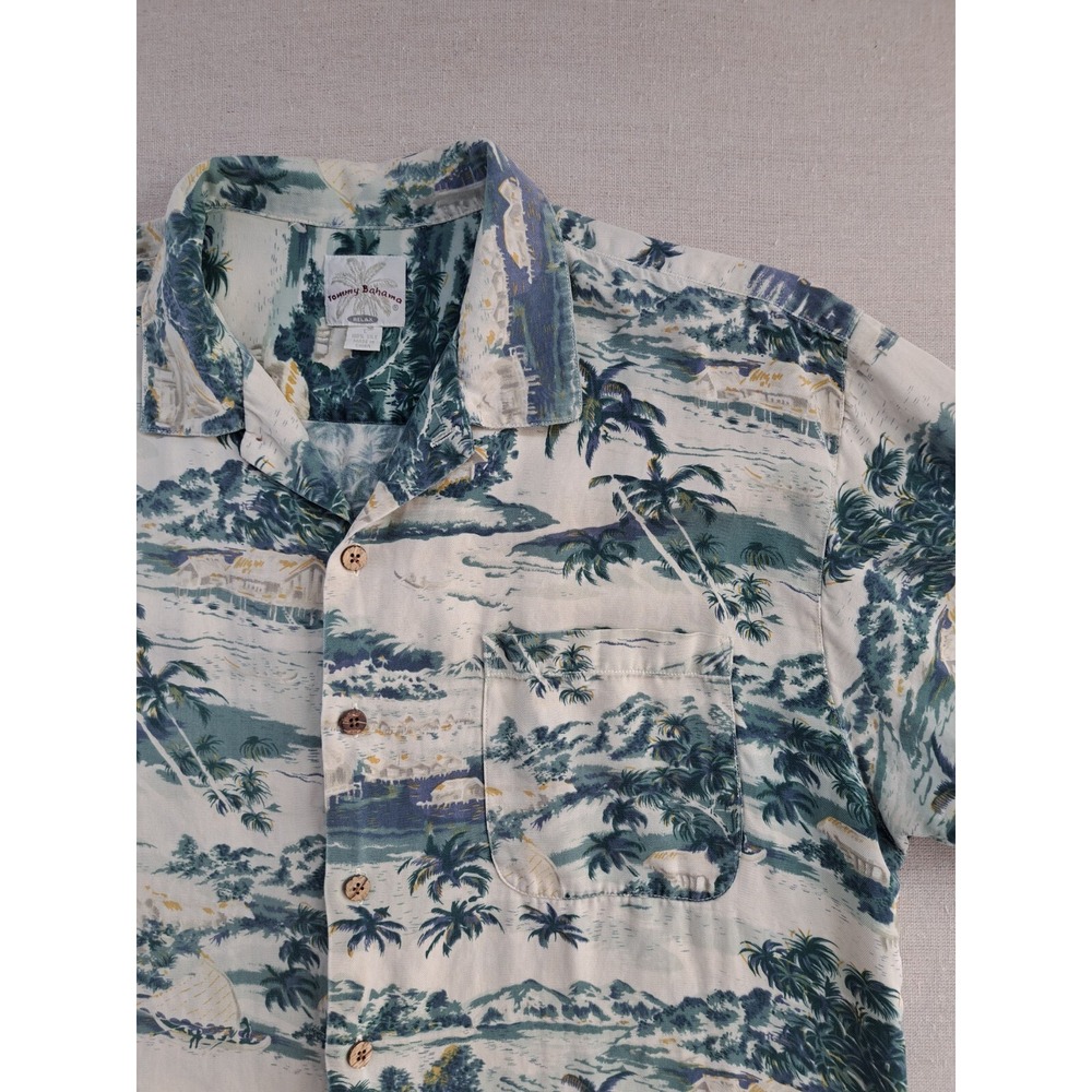 Tommy Bahama Hawaiian Shirt Mens Large Blue Green Silk Palm Island Relax